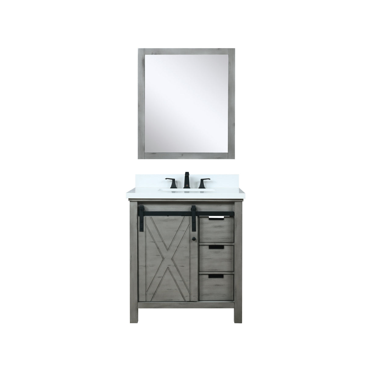 Marsyas 30" Ash Grey Single Vanity, White Quartz Top, White Square Sink and 28" Mirror w/ Faucet