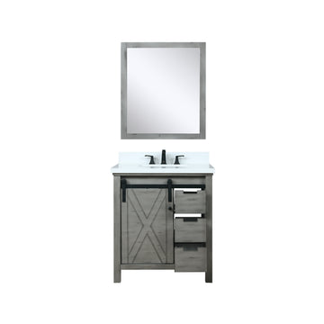 Marsyas 30" Ash Grey Single Vanity, White Quartz Top, White Square Sink and 28" Mirror w/ Faucet