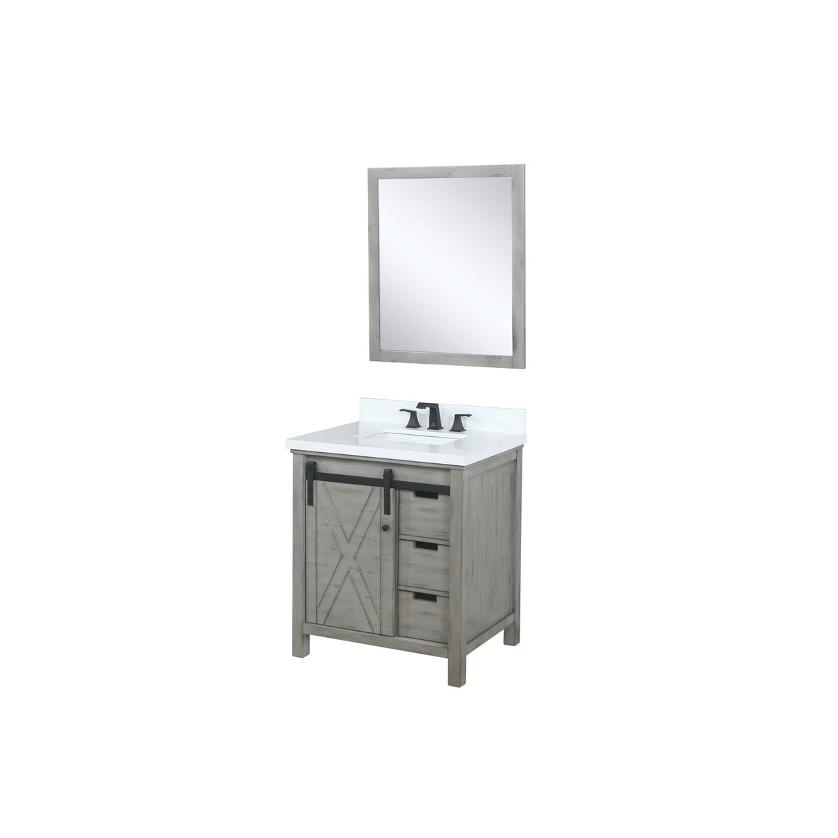 Marsyas 30" Ash Grey Single Vanity, White Quartz Top, White Square Sink and 28" Mirror