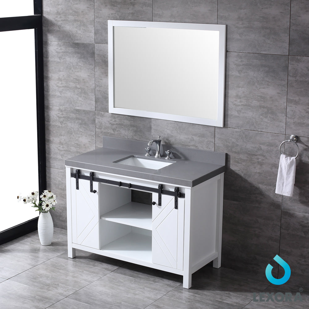 Marsyas 48" White Single Vanity, Grey Quartz Top, White Square Sink and 44" Mirror w/ Faucet