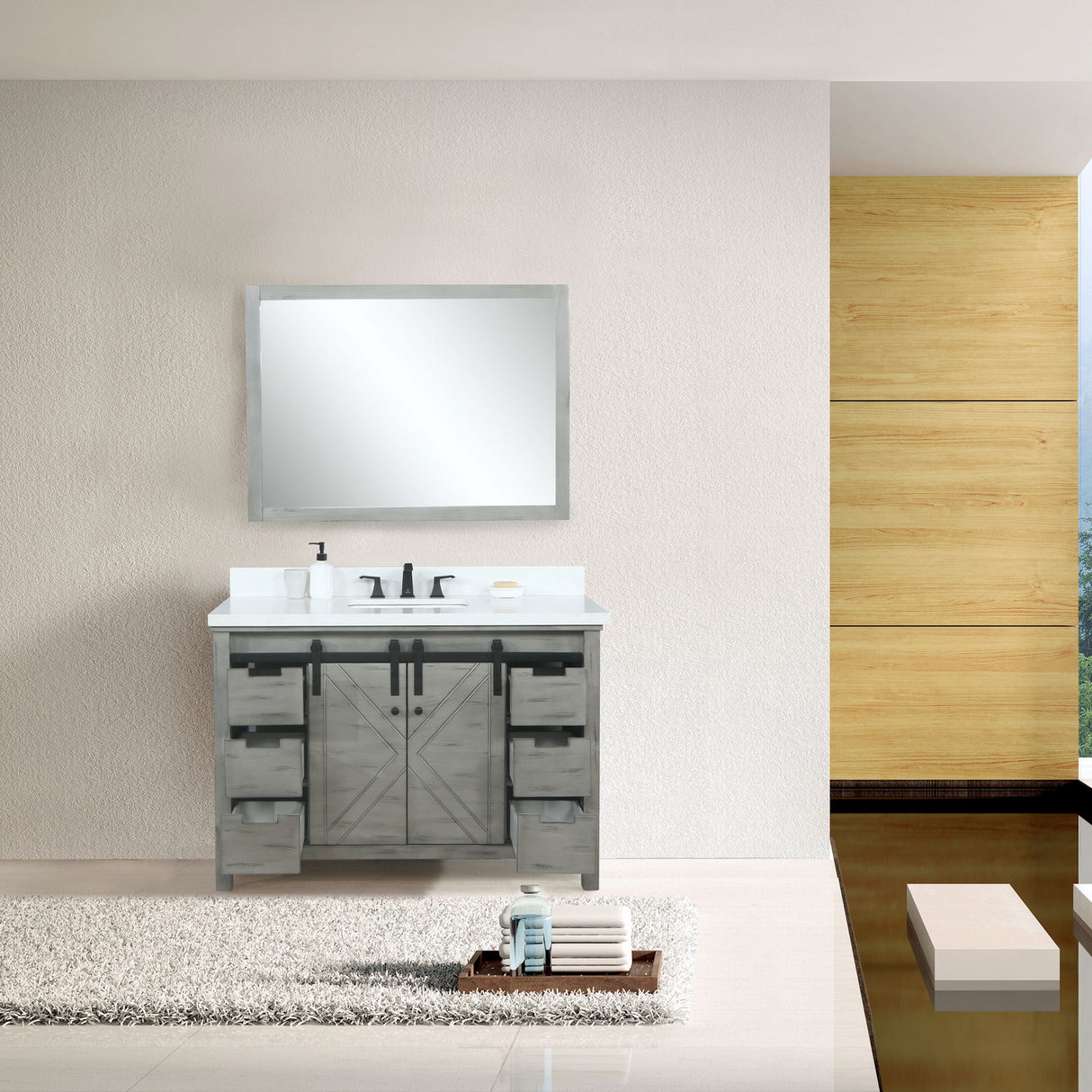 Marsyas 48" Ash Grey Single Vanity, White Quartz Top, White Square Sink and 44" Mirror