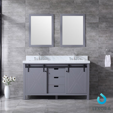 Marsyas 60 In. Freestanding Dark Grey Bathroom Vanity With Double Undermount Ceramic Sink, White Carrara Marble Top, & 24 In. Mirrors