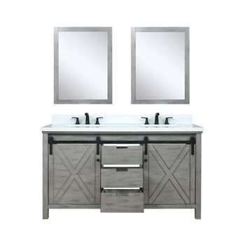 Marsyas 60" Ash Grey Double Vanity, White Quartz Top, White Square Sinks and 24" Mirrors