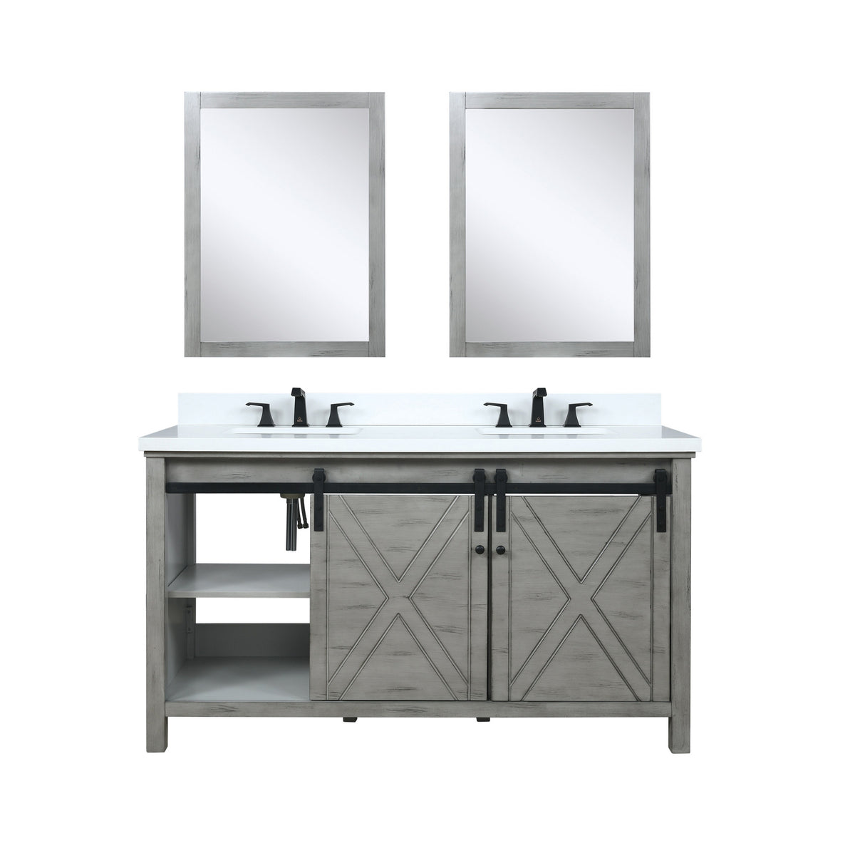 Marsyas 60" Ash Grey Double Vanity, White Quartz Top, White Square Sinks and 24" Mirrors