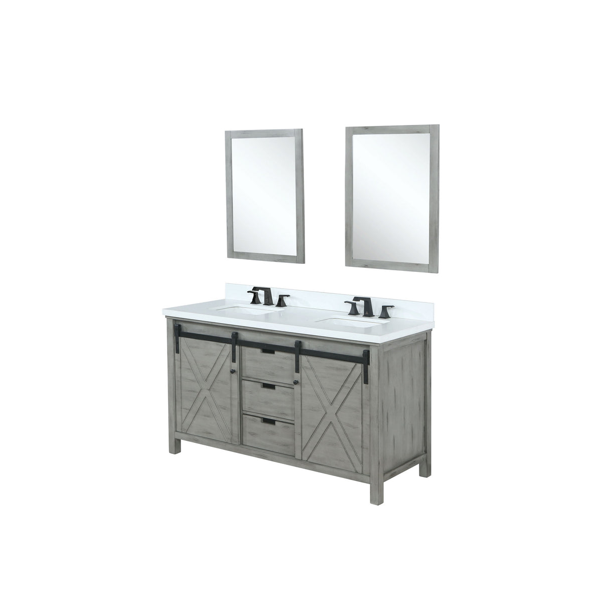 Marsyas 60" Ash Grey Double Vanity, White Quartz Top, White Square Sinks and 24" Mirrors