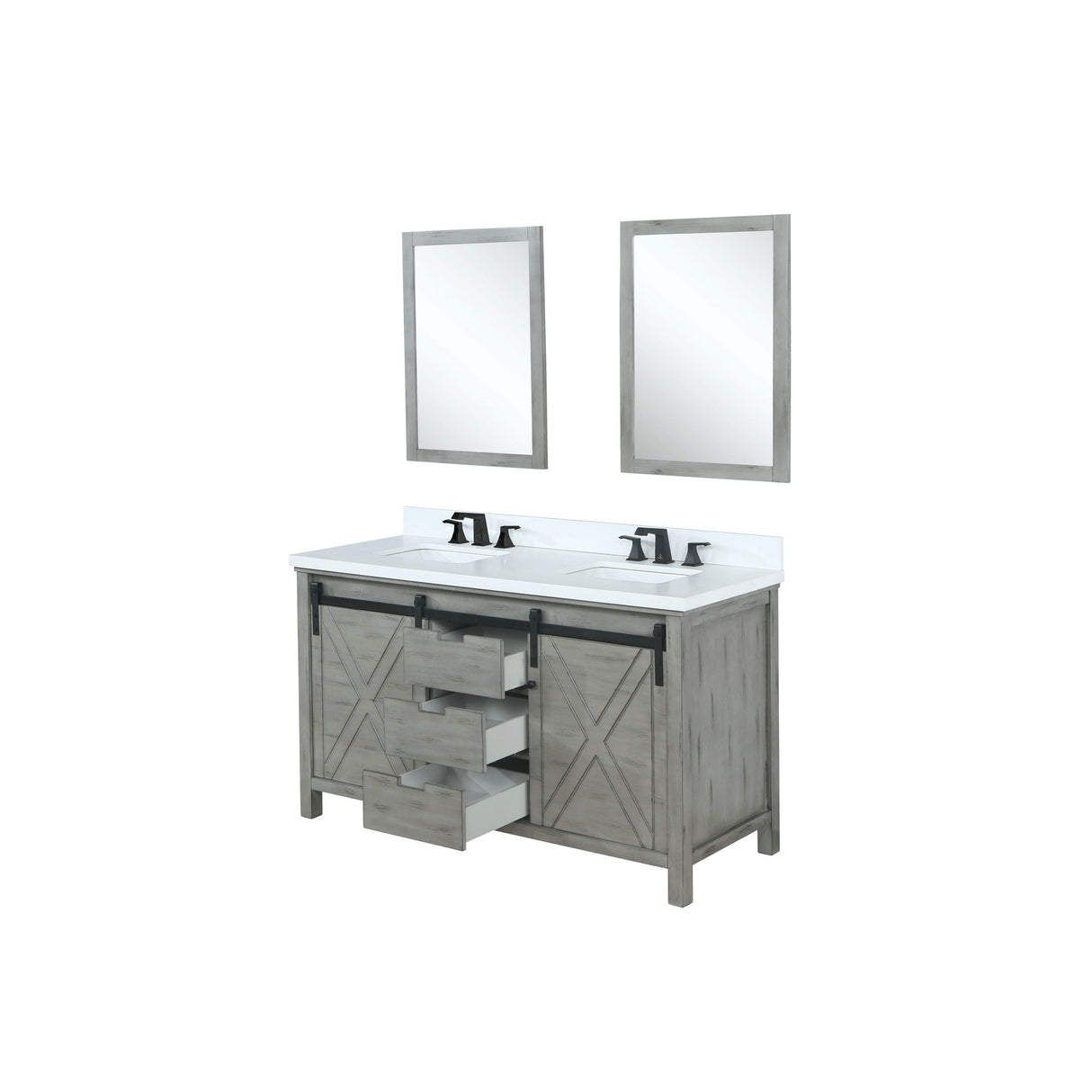 Marsyas 60" Ash Grey Double Vanity, White Quartz Top, White Square Sinks and 24" Mirrors