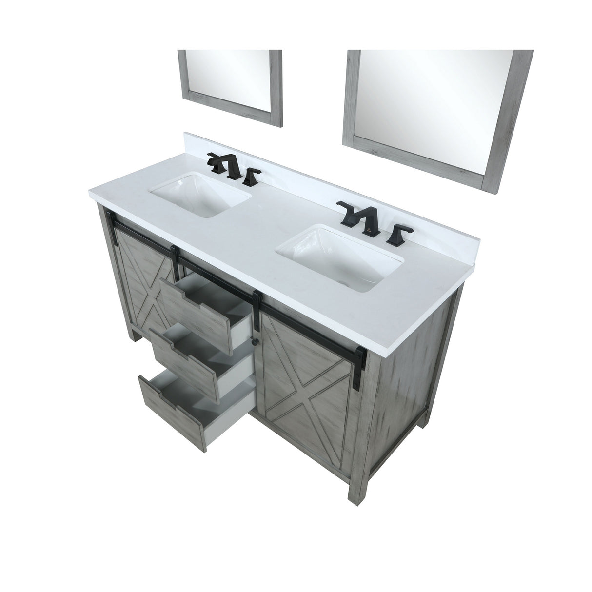 Marsyas 60" Ash Grey Double Vanity, White Quartz Top, White Square Sinks and 24" Mirrors