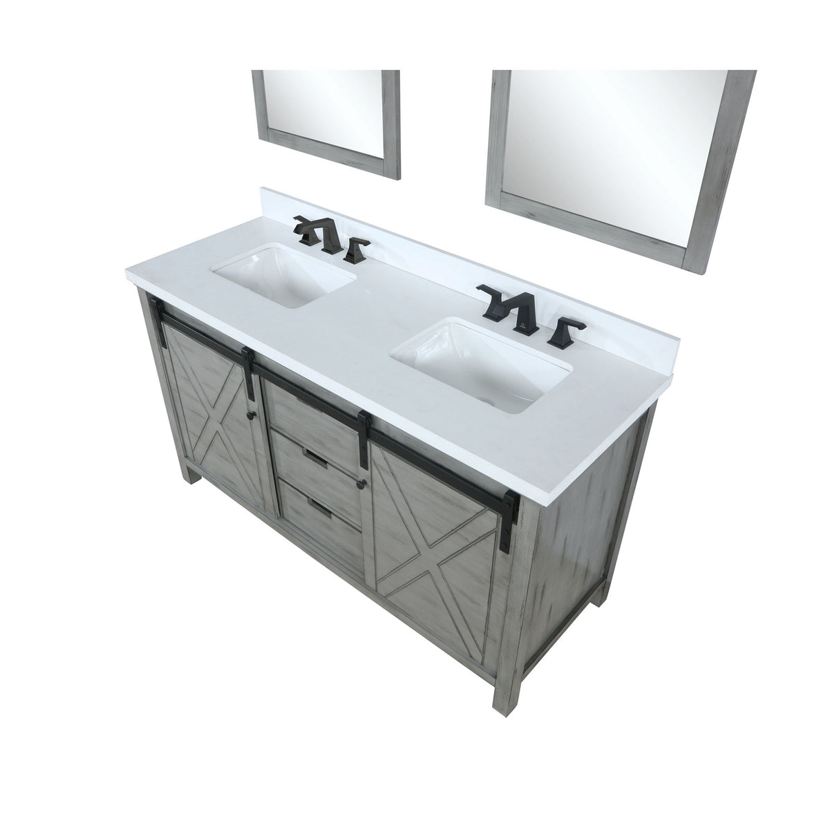 Marsyas 60" Ash Grey Double Vanity, White Quartz Top, White Square Sinks and 24" Mirrors