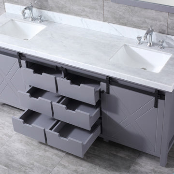 Marsyas 80 In. Freestanding Dark Grey Bathroom Vanity With Double Undermount Ceramic Sink, White Carrara Marble Top