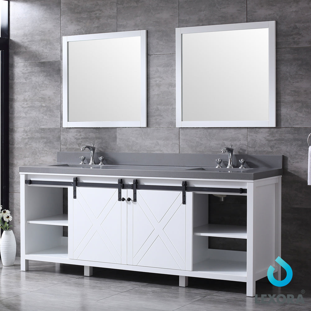 Marsyas 84" White Double Vanity, Grey Quartz Top, White Square Sinks and 34" Mirrors w/ Faucets