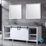 Marsyas 84" White Double Vanity, Grey Quartz Top, White Square Sinks and 34" Mirrors w/ Faucets