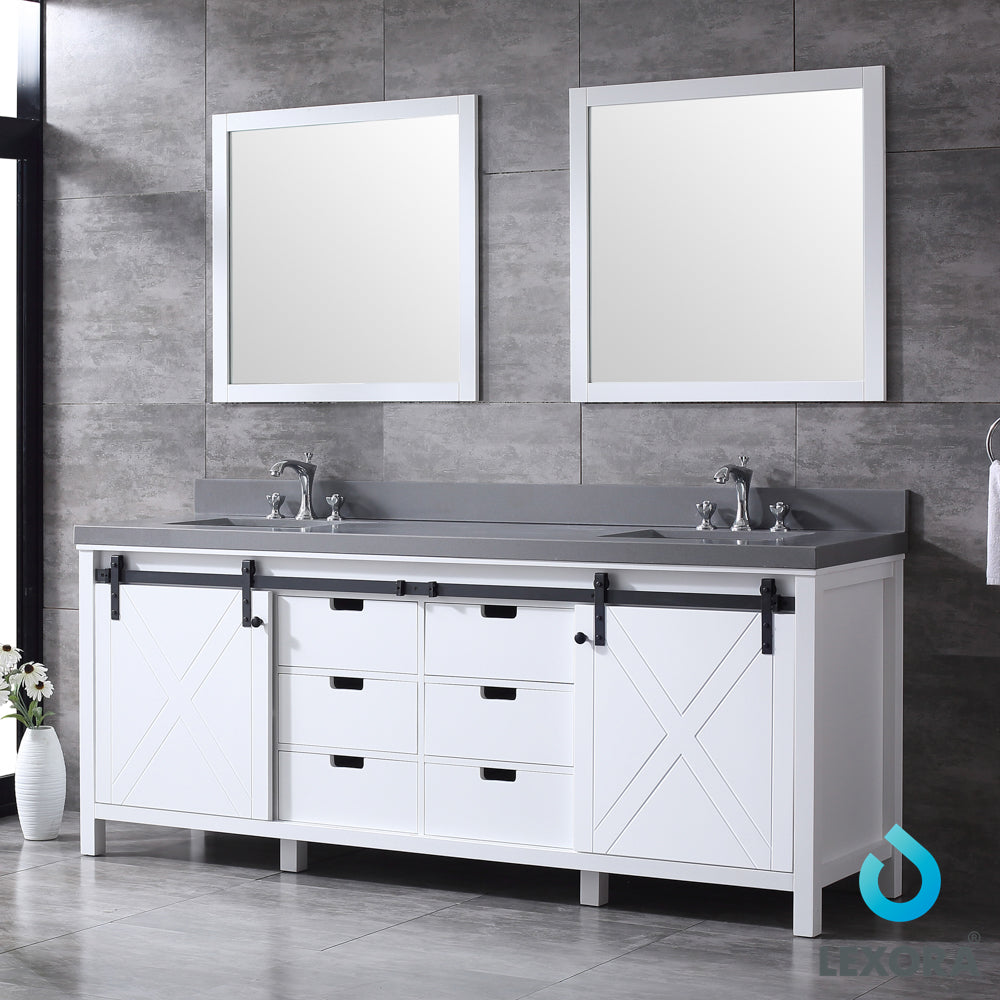 Marsyas 84" White Double Vanity, Grey Quartz Top, White Square Sinks and 34" Mirrors w/ Faucets