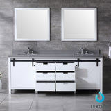 Marsyas 84" White Double Vanity, Grey Quartz Top, White Square Sinks and 34" Mirrors