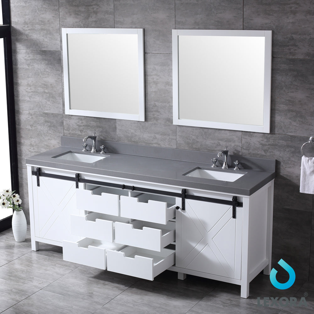 Marsyas 84" White Double Vanity, Grey Quartz Top, White Square Sinks and 34" Mirrors w/ Faucets