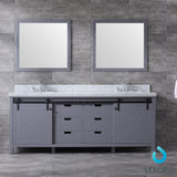 Marsyas 84" Dark Grey Double Vanity, White Carrara Marble Top, White Square Sinks and 34" Mirrors w/ Faucets