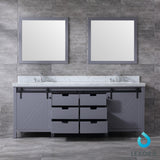Marsyas 84" Dark Grey Double Vanity, White Carrara Marble Top, White Square Sinks and 34" Mirrors w/ Faucets