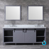 Marsyas 84" Dark Grey Double Vanity, White Carrara Marble Top, White Square Sinks and 34" Mirrors w/ Faucets