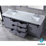 Marsyas 84" Dark Grey Double Vanity, White Carrara Marble Top, White Square Sinks and 34" Mirrors w/ Faucets