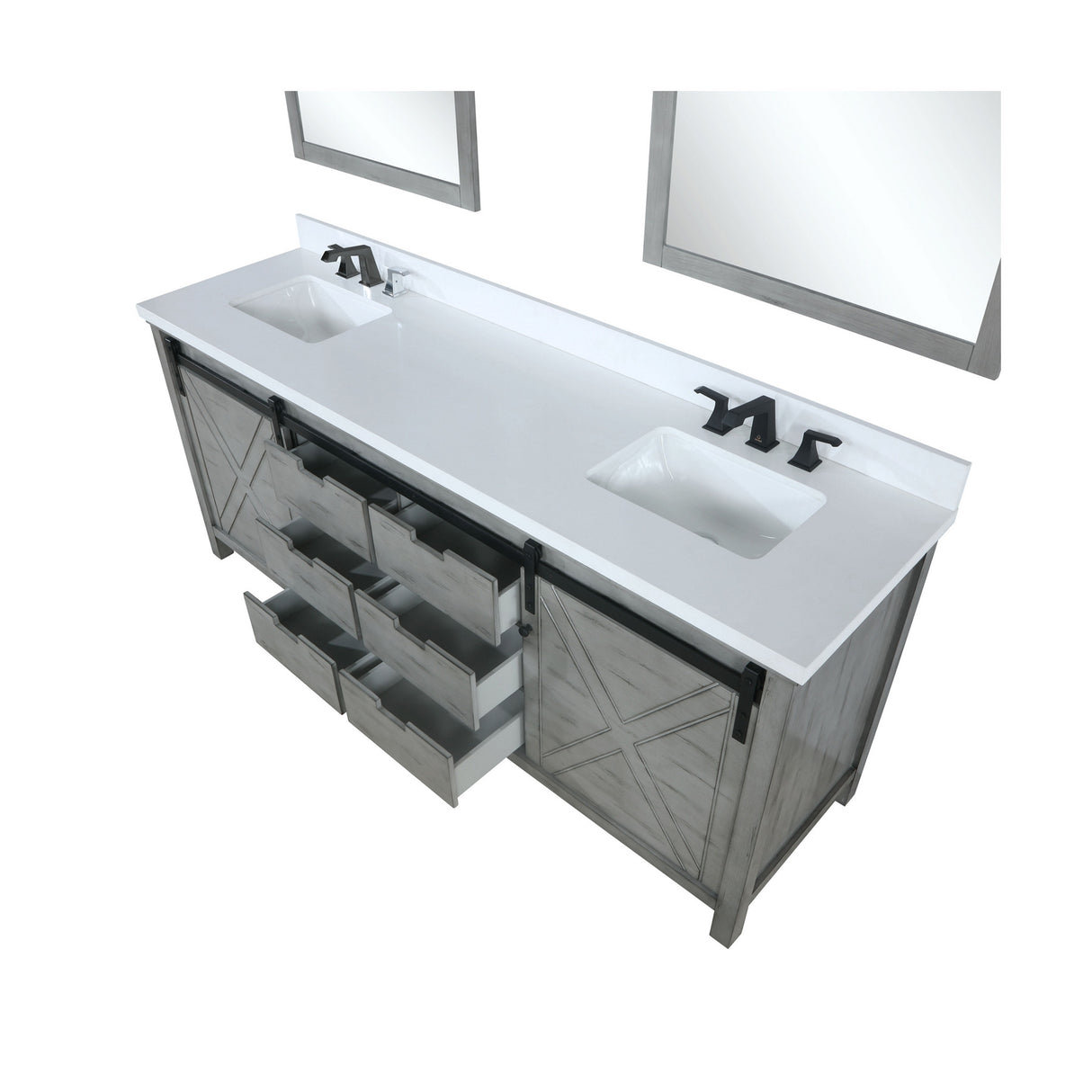 Marsyas 84" Ash Grey Double Vanity, White Quartz Top, White Square Sinks and 34" Mirrors