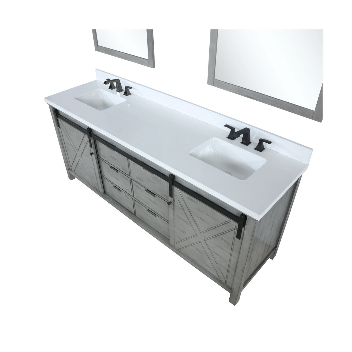 Marsyas 84" Ash Grey Double Vanity, White Quartz Top, White Square Sinks and 34" Mirrors