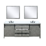 Marsyas 84" Ash Grey Double Vanity, White Quartz Top, White Square Sinks and 34" Mirrors