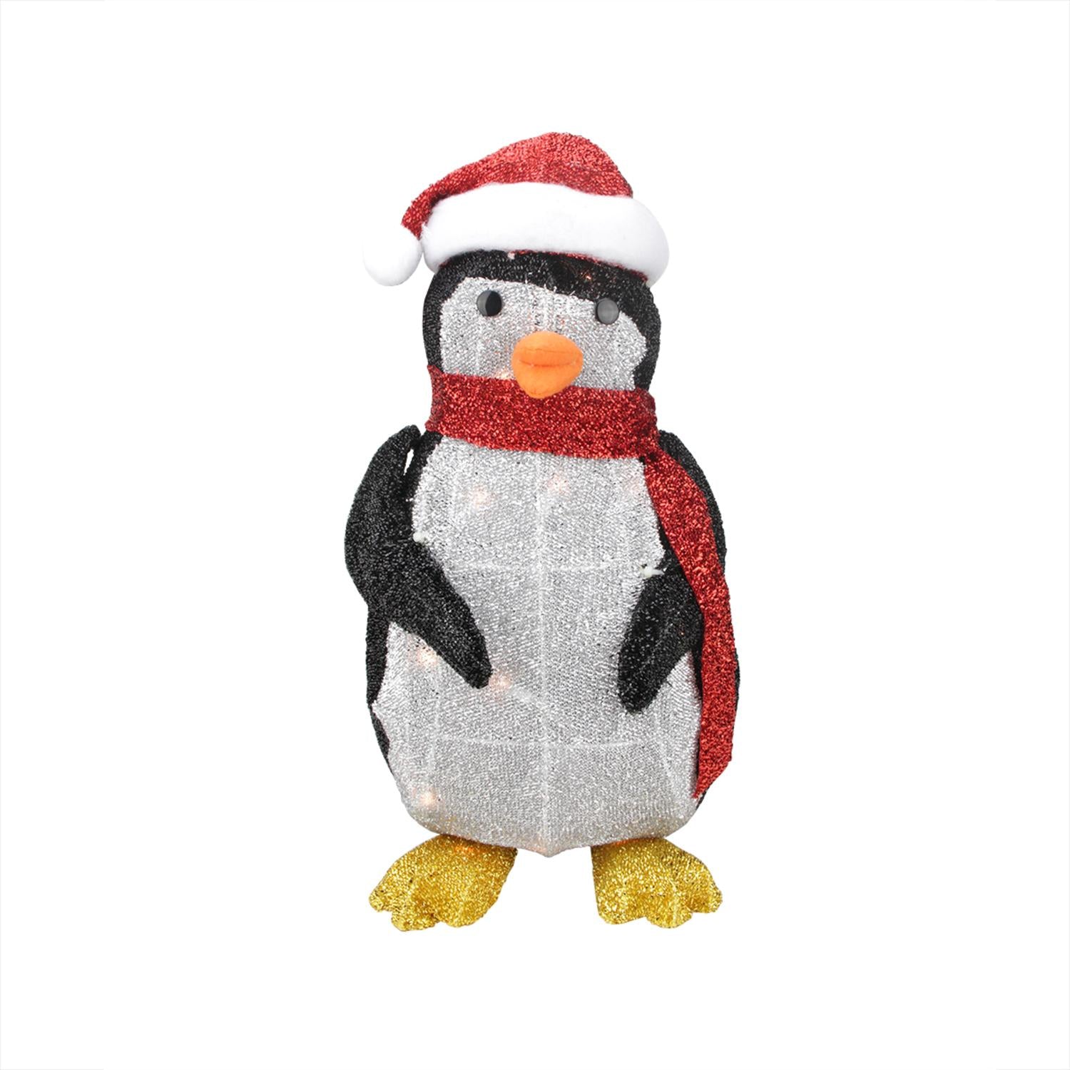 19.5" Lighted Tinsel Penguin with Santa Hat Christmas Outdoor Decoration
