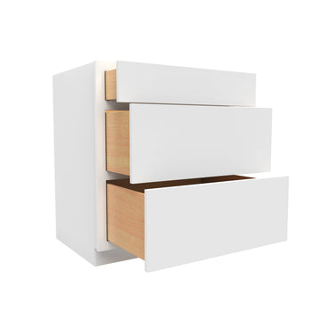 30 Inch Wide 3 Drawer Base Cabinet - Luxor White Shaker - Ready To Assemble, 30"W x 34.5"H x 24"D