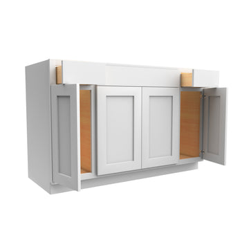 54 Inch Wide 4 Door Base Vanity Cabinet - Luxor White Shaker - Ready To Assemble, 54"W x 34.5"H x 21"D