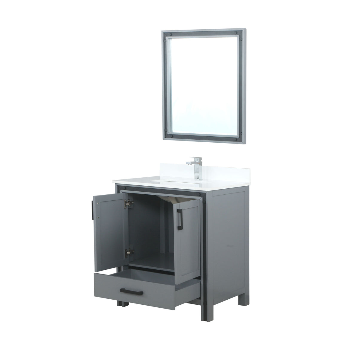 Ziva 30 In. Freestanding Dark Grey Bathroom Vanity With Integrated Ceramic Sink, White Cultured Marble Top & 28 In. Mirror