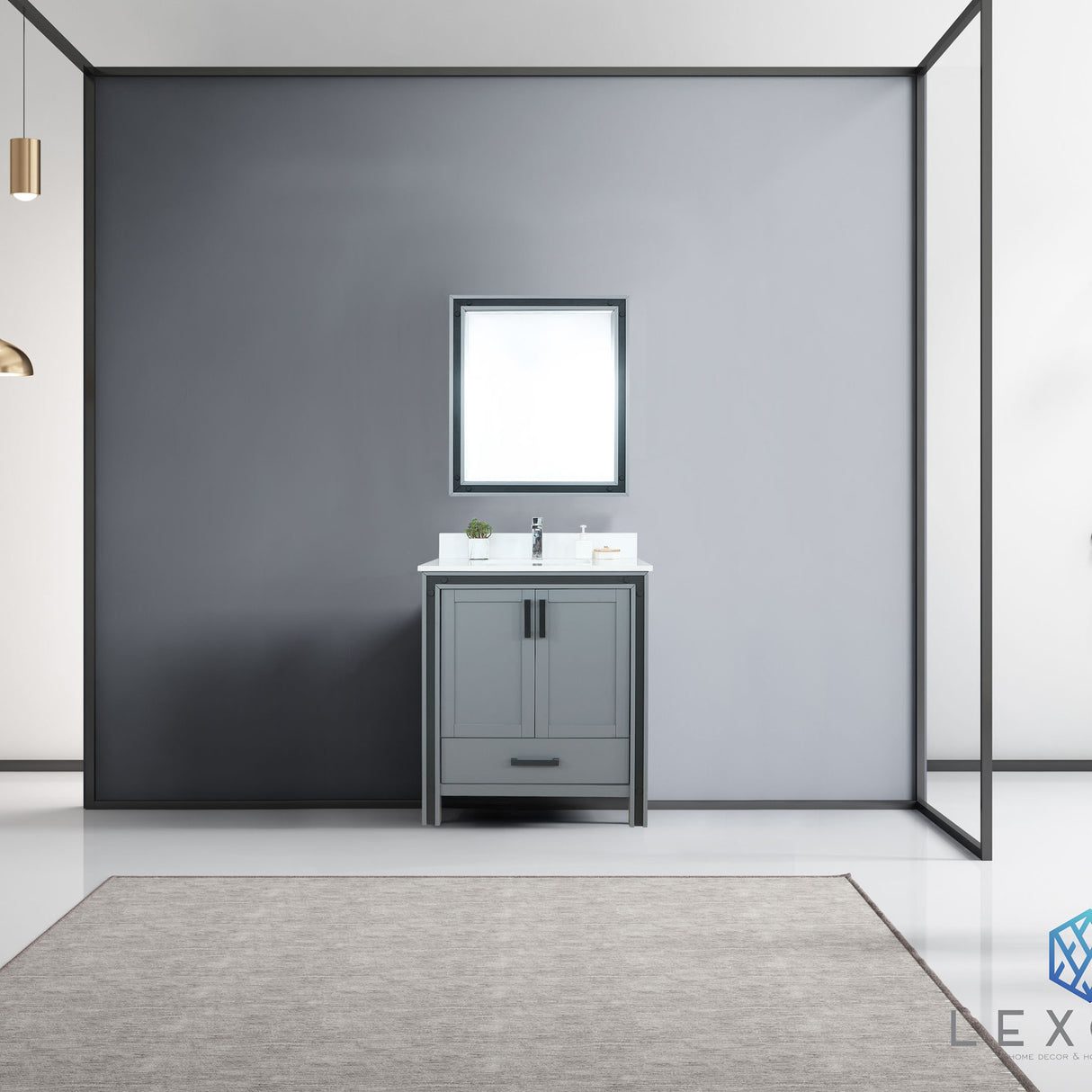 Ziva 30" Dark Grey Single Vanity, Cultured Marble Top, White Square Sink and 28" Mirror w/ Faucet