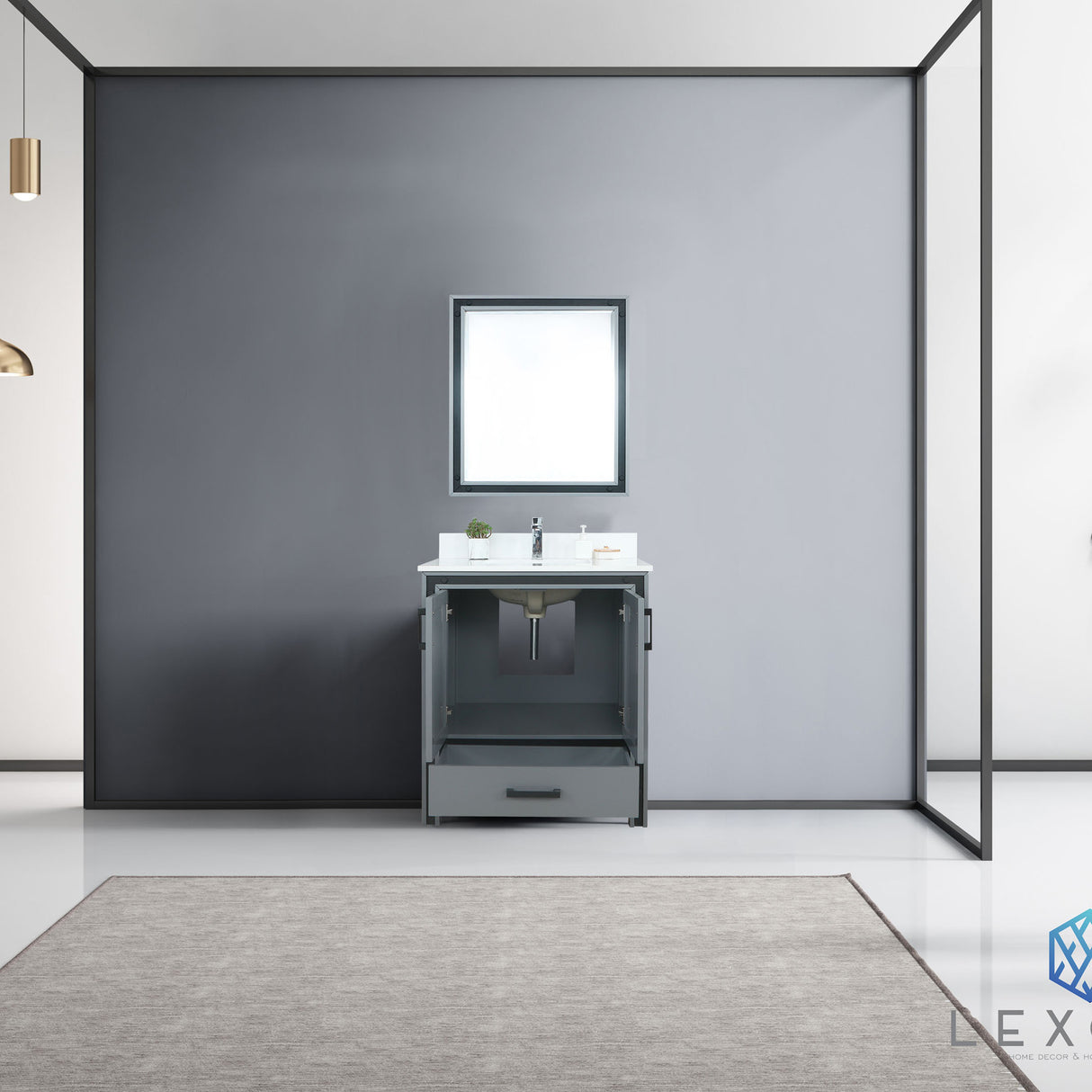 Ziva 30" Dark Grey Single Vanity, Cultured Marble Top, White Square Sink and 28" Mirror w/ Faucet