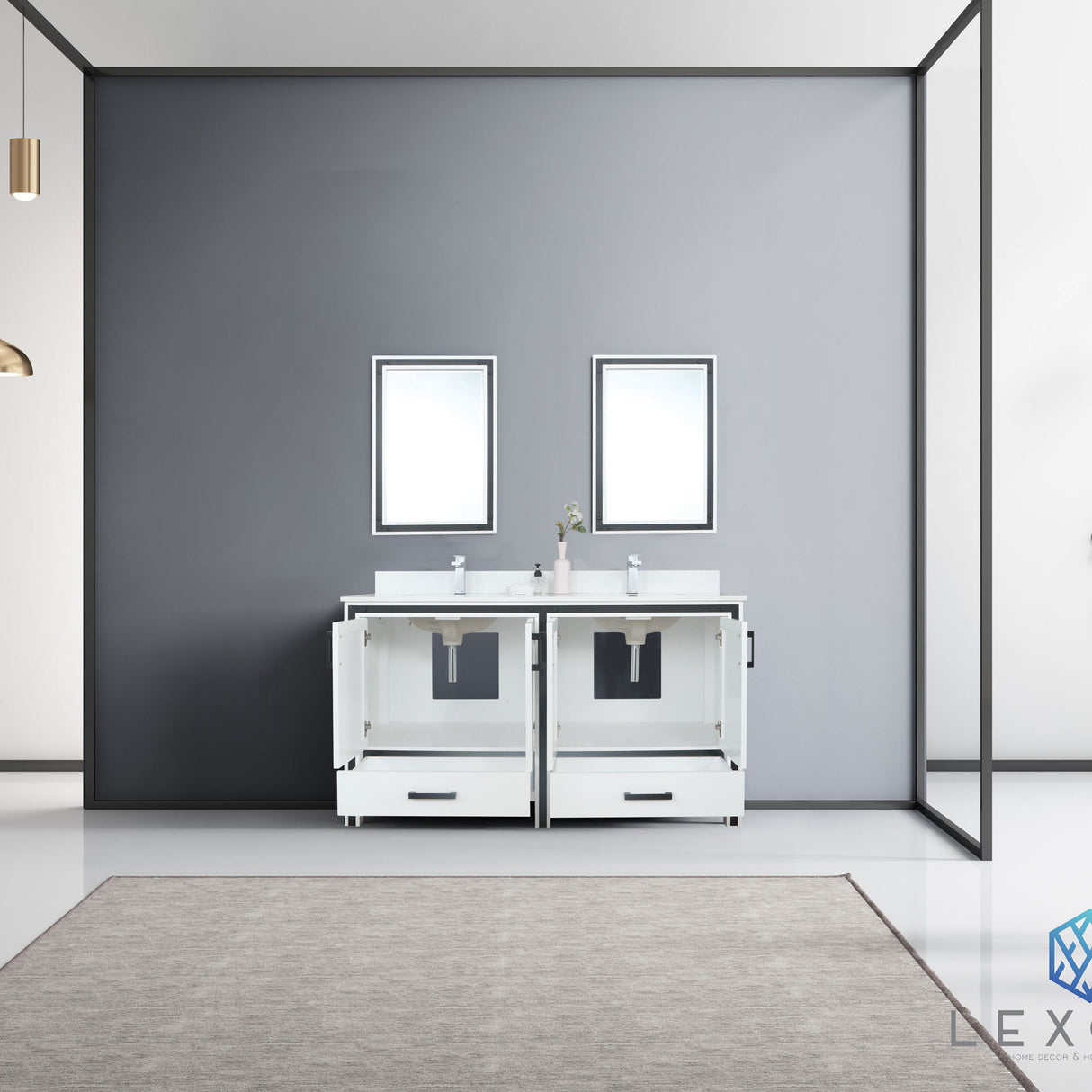 Ziva 60" White Double Vanity, Cultured Marble Top, White Square Sink and 22" Mirrors w/ Faucet