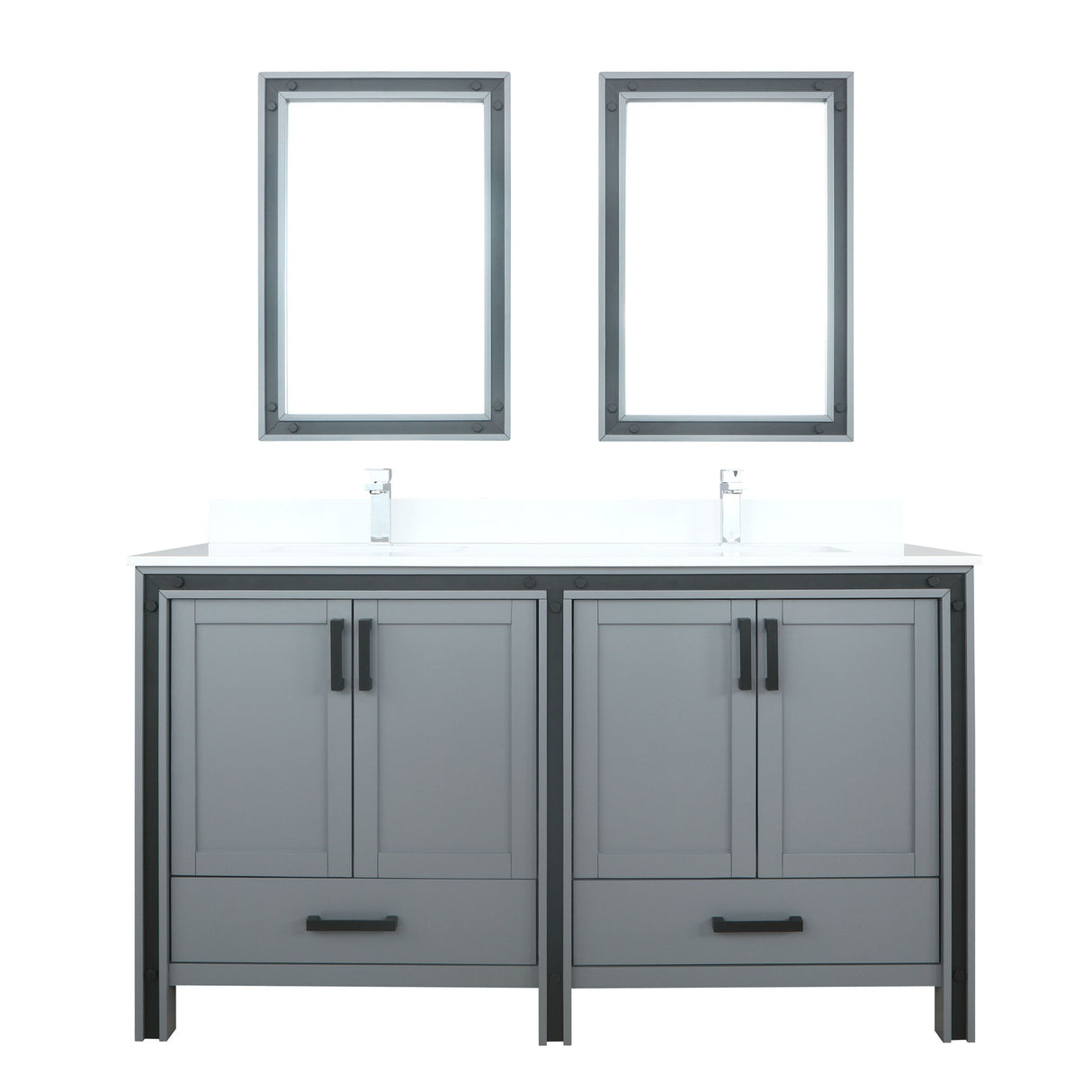 Ziva 60" Dark Grey Double Vanity, Cultured Marble Top, White Square Sink and 22" Mirrors w/ Faucet