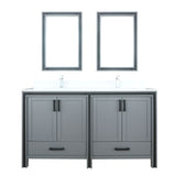 Ziva 60" Dark Grey Double Vanity, Cultured Marble Top, White Square Sink and 22" Mirrors w/ Faucet
