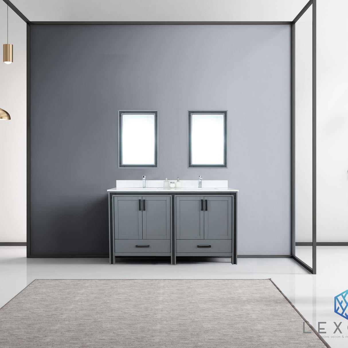 Ziva 60" Dark Grey Double Vanity, Cultured Marble Top, White Square Sink and 22" Mirrors w/ Faucet