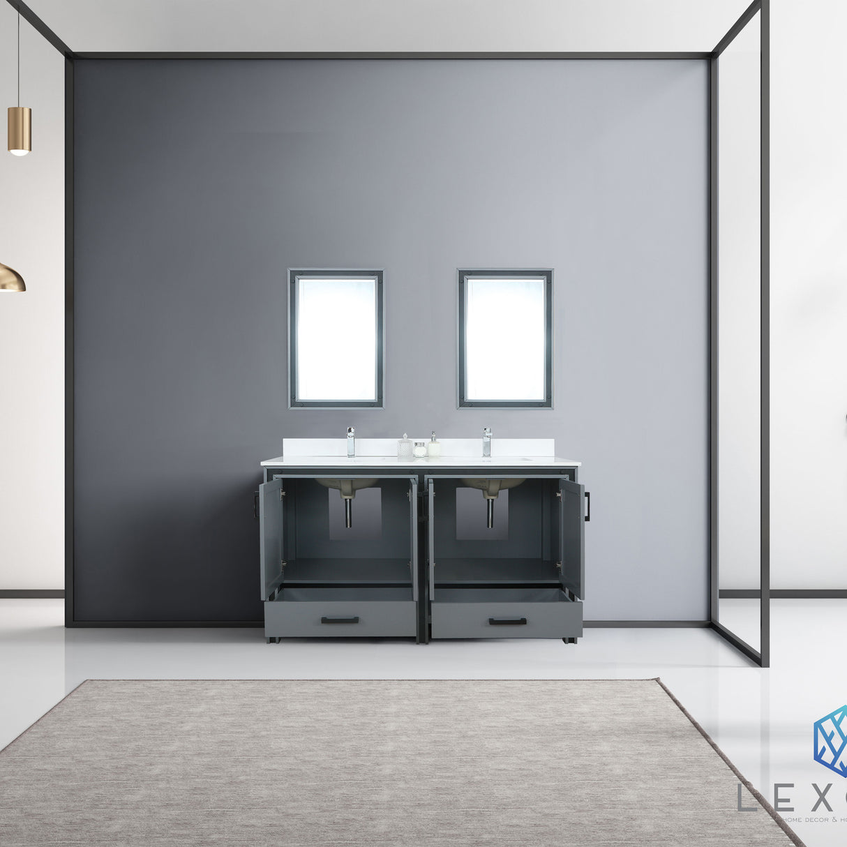 Ziva 60" Dark Grey Double Vanity, Cultured Marble Top, White Square Sink and 22" Mirrors w/ Faucet