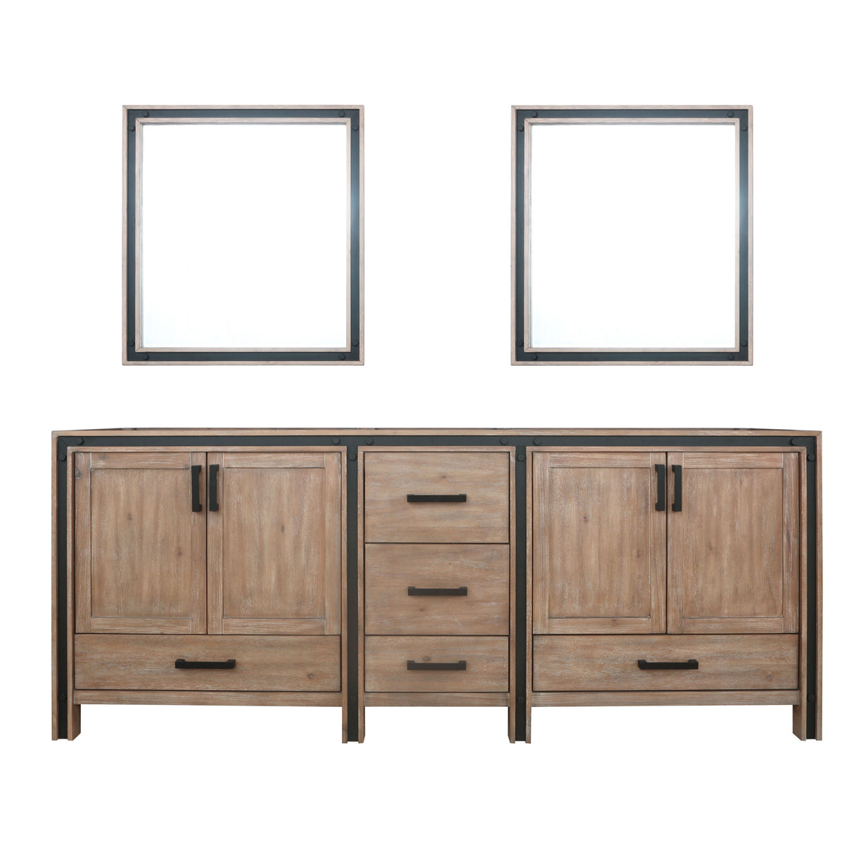 Ziva 84 In. Rustic Barnwood Freestanding Double Bathroom Vanity Cabinet Without Top & 34 In. Mirrors