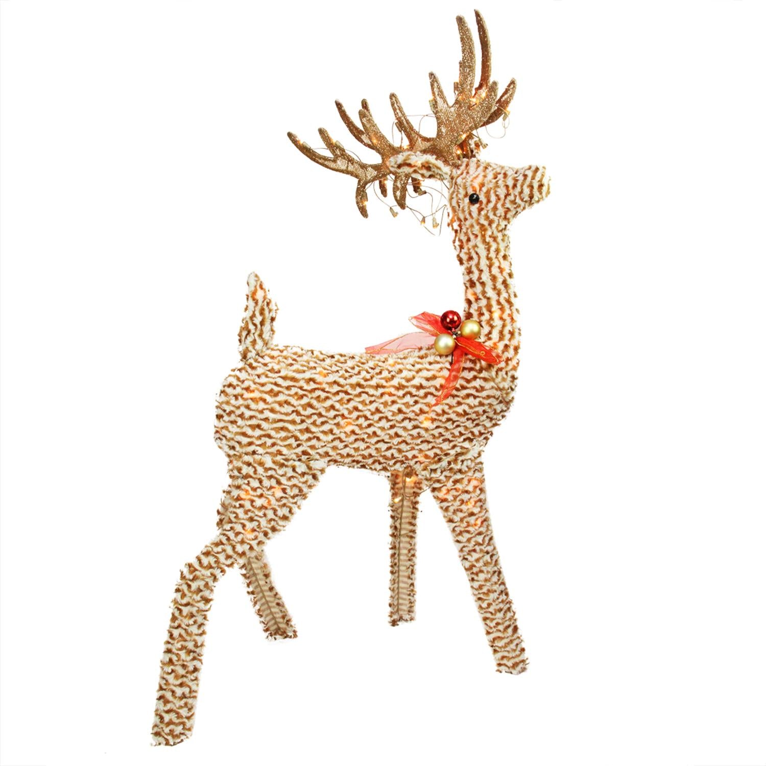 48.5" Pre-Lit Brown and White Striped Chenille Reindeer Outdoor Decoration