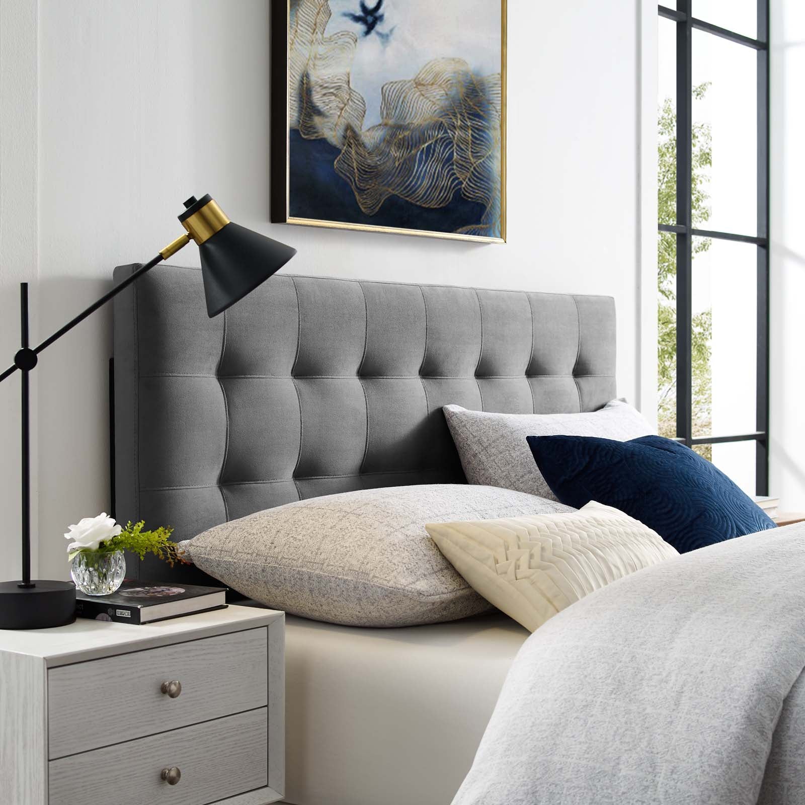 Gray velvet queen headboard top