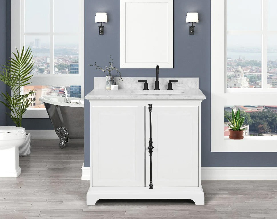 Icon Premium Freestanding Solid Wood White Bathroom Vanity with 1 In. Thick Premium Carrara Natural Marble Sink Top with 4 In. Backsplash