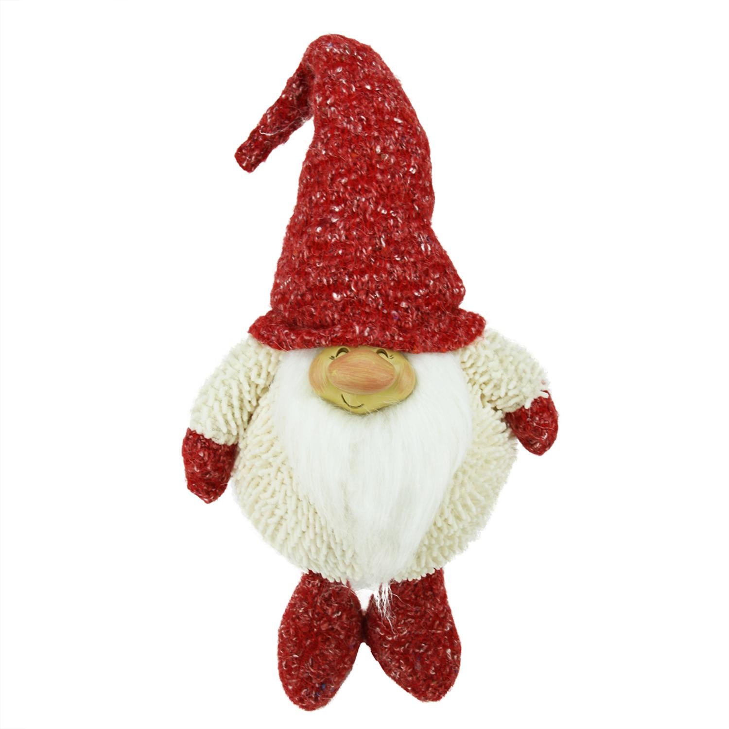 15" Textured Ivory And Red Chubby Smiling Gnome Plush Table Top Christmas Figure