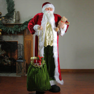 Huge 6' Life-Size Standing Decorative Plush Christmas Santa Claus Figure with Teddy Bear & Gift Bag