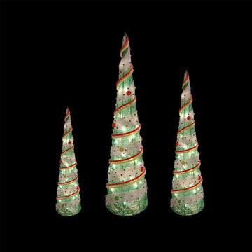 Set of 3 Green Sisal Candy Covered Cone Tree Lighted Christmas Outdoor Decorations