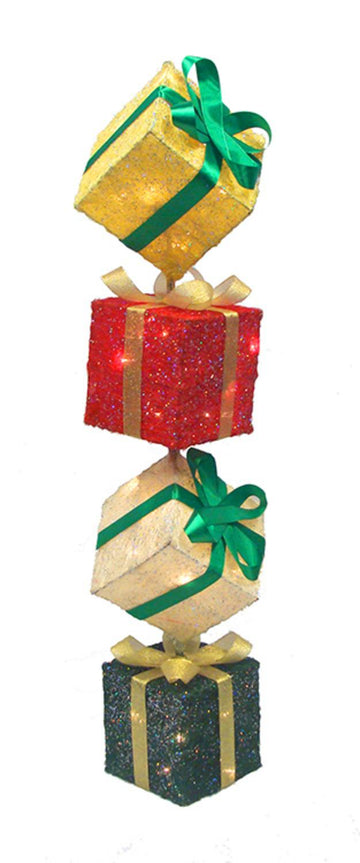 45" Lighted Sparkling Sisal Gift Box Tower Christmas Yard Art Decoration