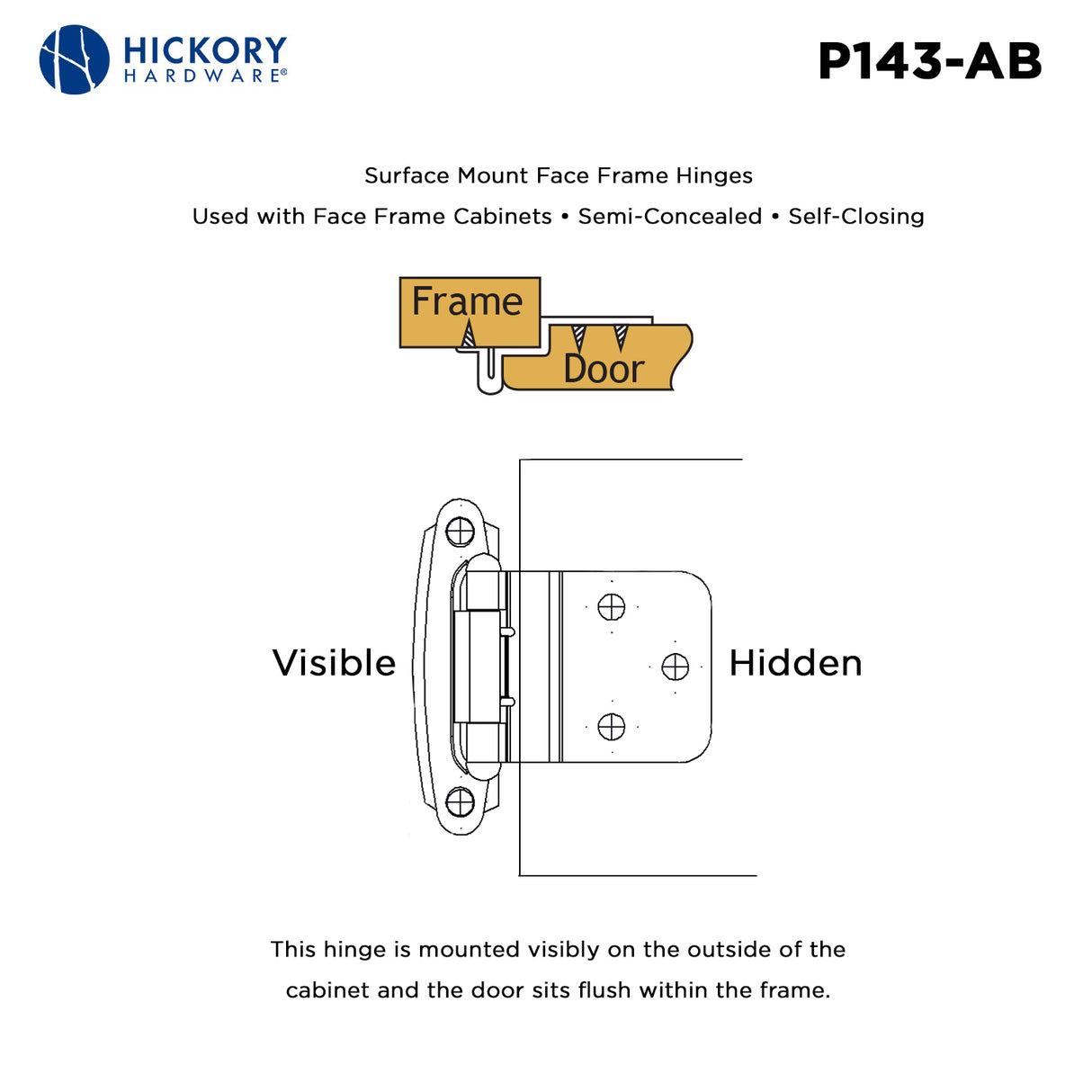 Hinge 3/8 Inch Inset Surface Face Frame Self-Close (2 Hinges/Per Pack) - Hickory Hardware