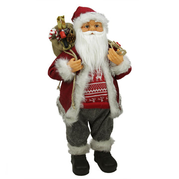 24" Simple Country Standing Santa Claus Christmas Figure with Snow Sled and Gift Bag