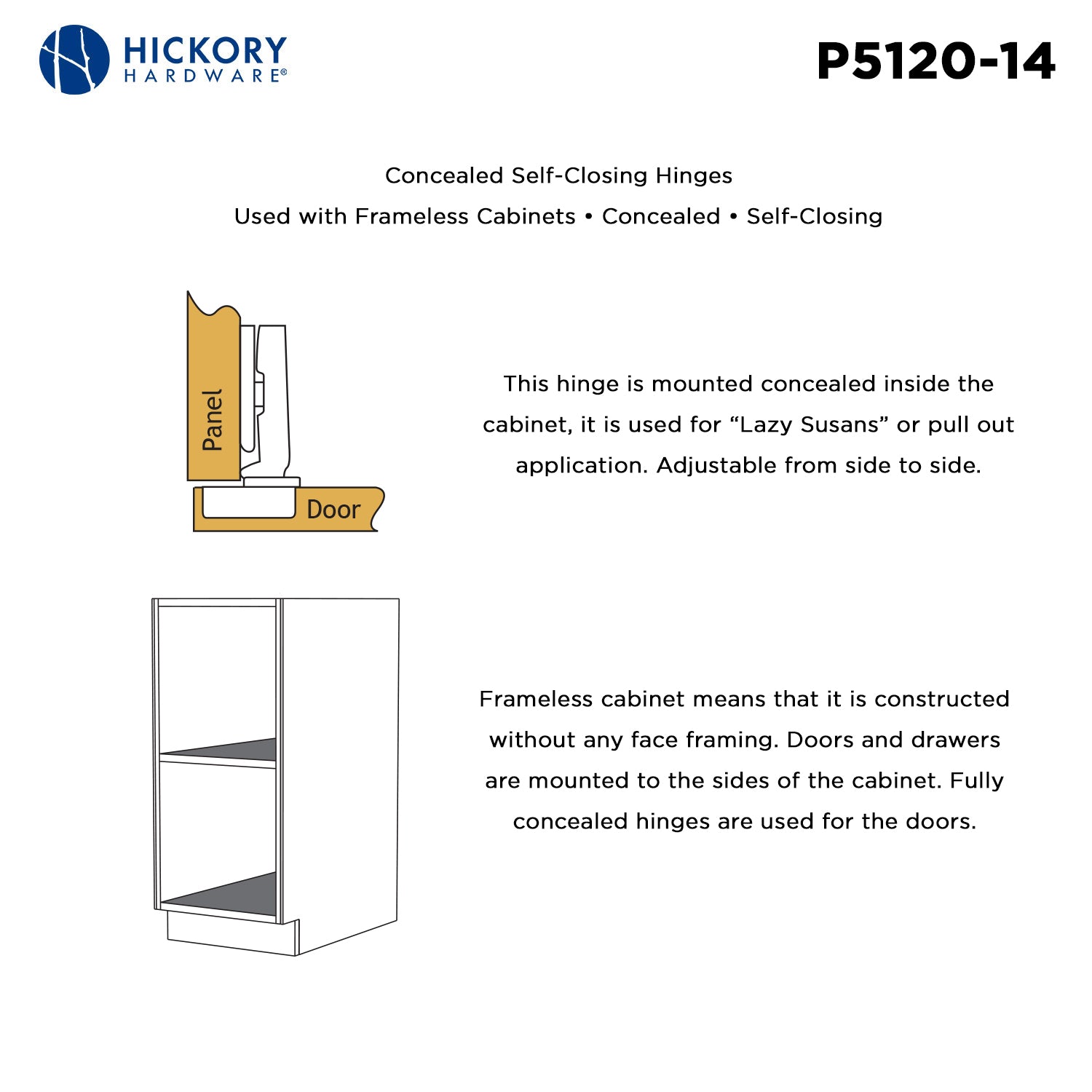 Hinge Concealed Full Overlay Frameless 165 Degree Lasy Susan Self-Close in Polished Nickel - Hickory Hardware