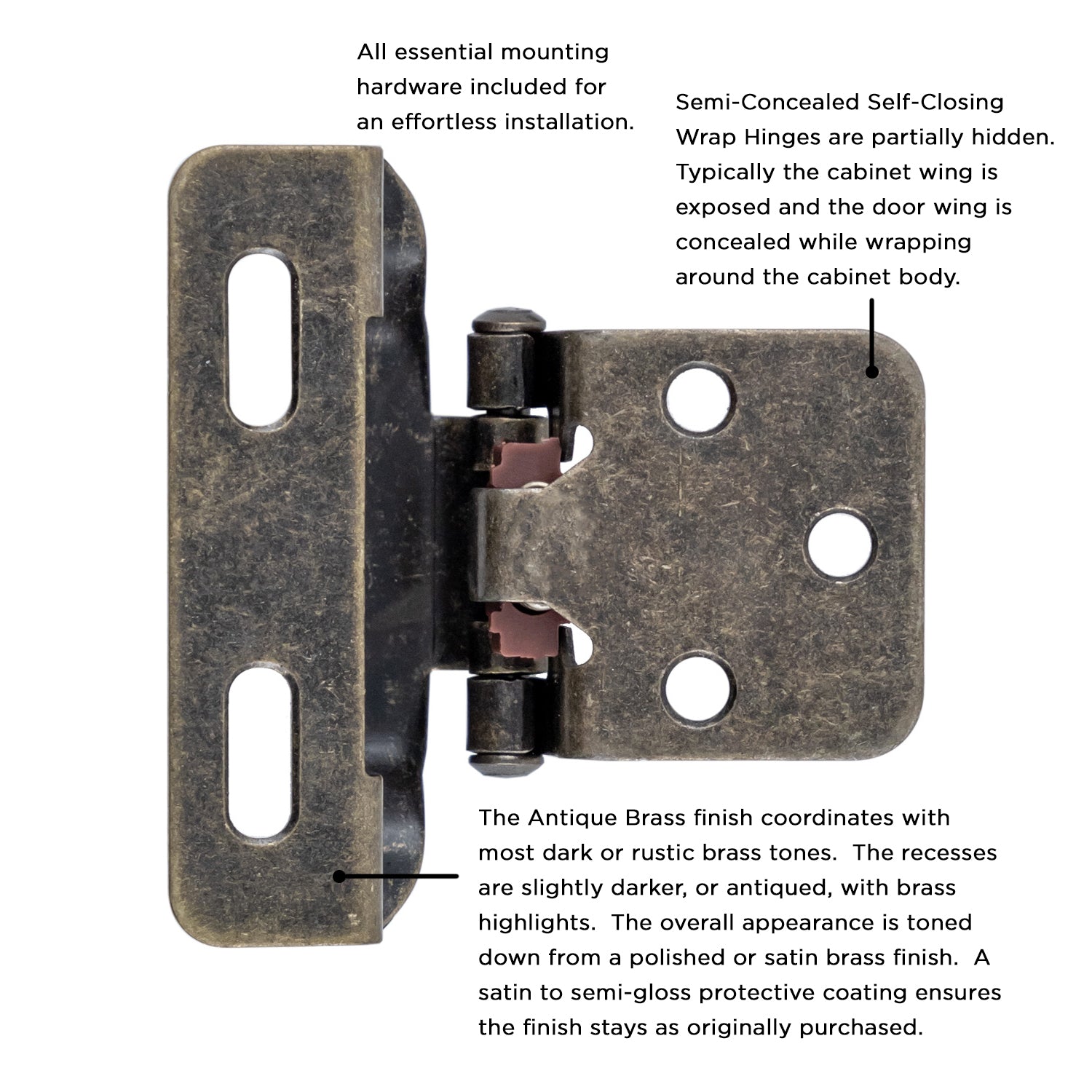 Semi Concealed Cabinet Hinges 1/4 Inch Overlay Face Frame Full Wrap Self-Close (2 Hinges/Per Pack) - Hickory Hardware