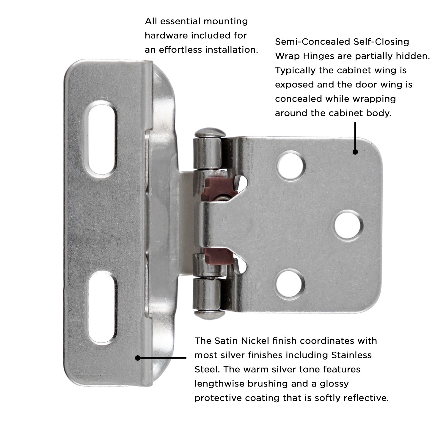 Semi Concealed Cabinet Hinges 1/4 Inch Overlay Face Frame Full Wrap Self-Close (2 Hinges/Per Pack) - Hickory Hardware