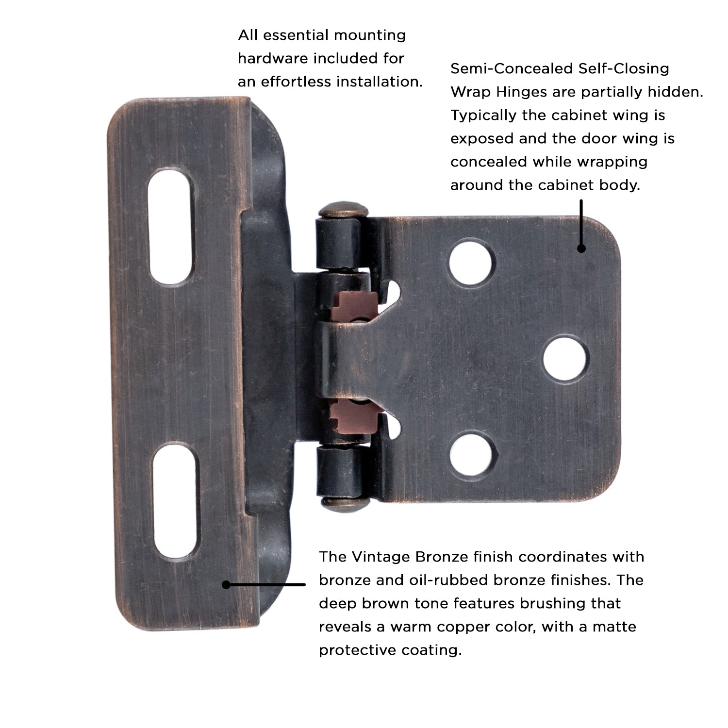 Semi Concealed Cabinet Hinges 1/4 Inch Overlay Face Frame Full Wrap Self-Close (2 Hinges/Per Pack) - Hickory Hardware